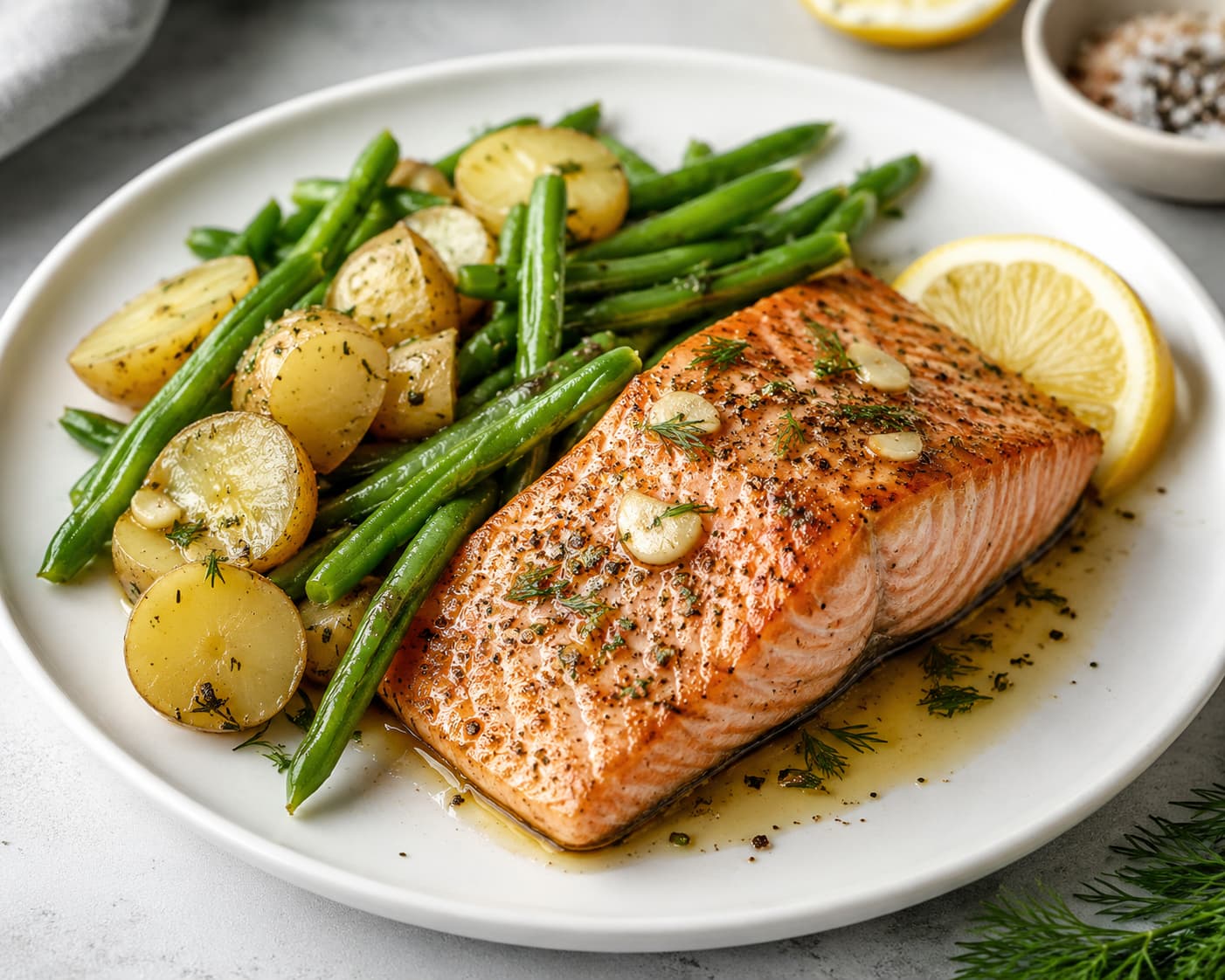 Lemon-Garlic Salmon with Baby Potatoes and Green Beans