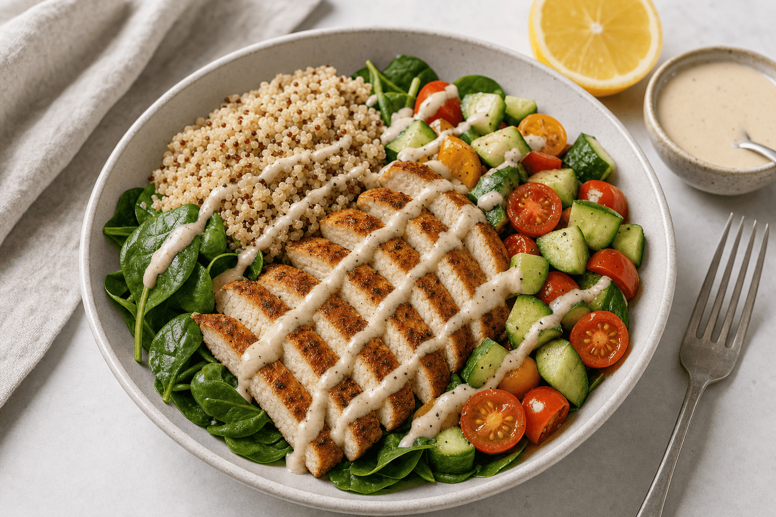 High-Protein Chicken and Quinoa Bowl with Lemon-Tahini Dressing